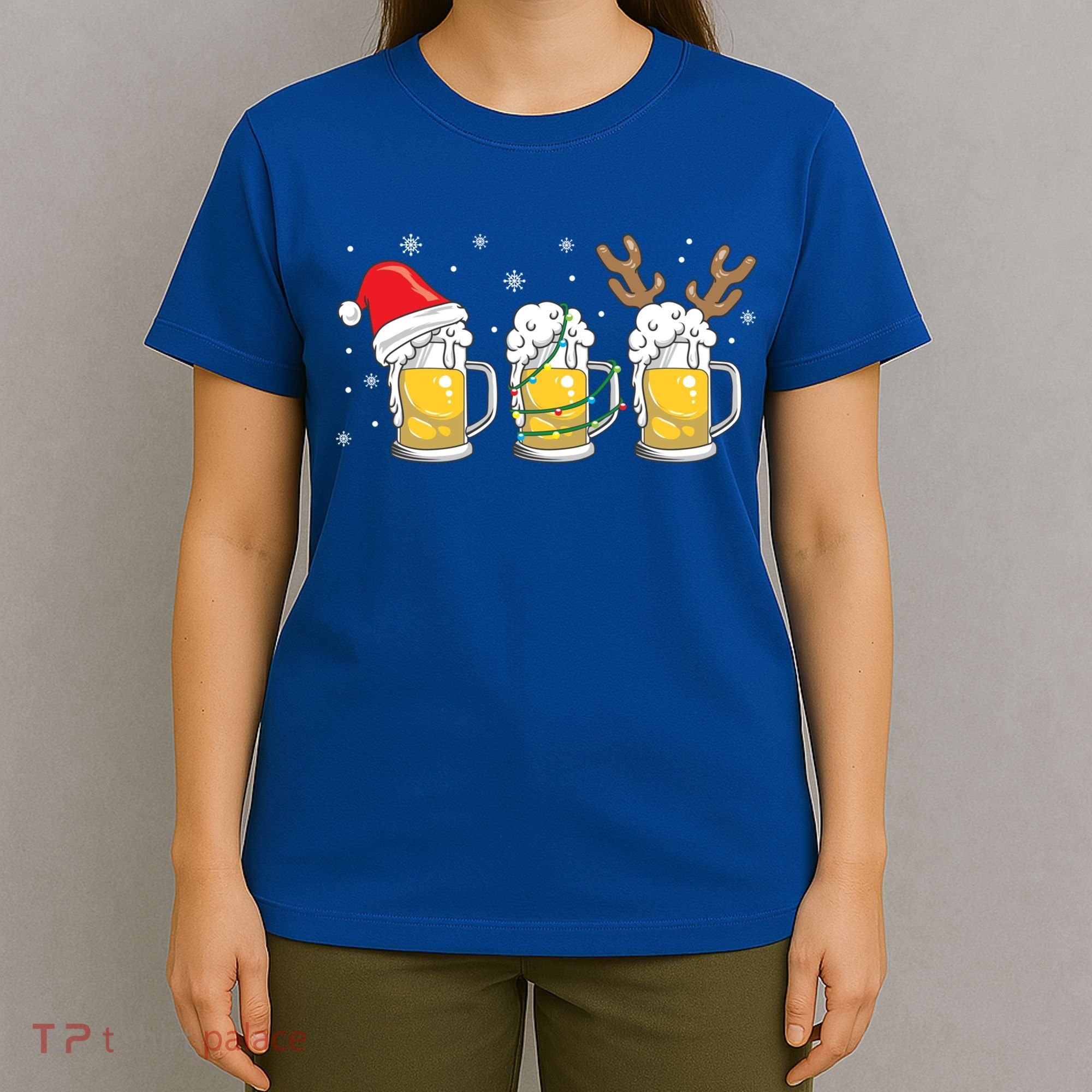 Christmas Beer Mugs Reinbeer Santa Hat Xmas Lights Costume Cool Gift T-Shirt