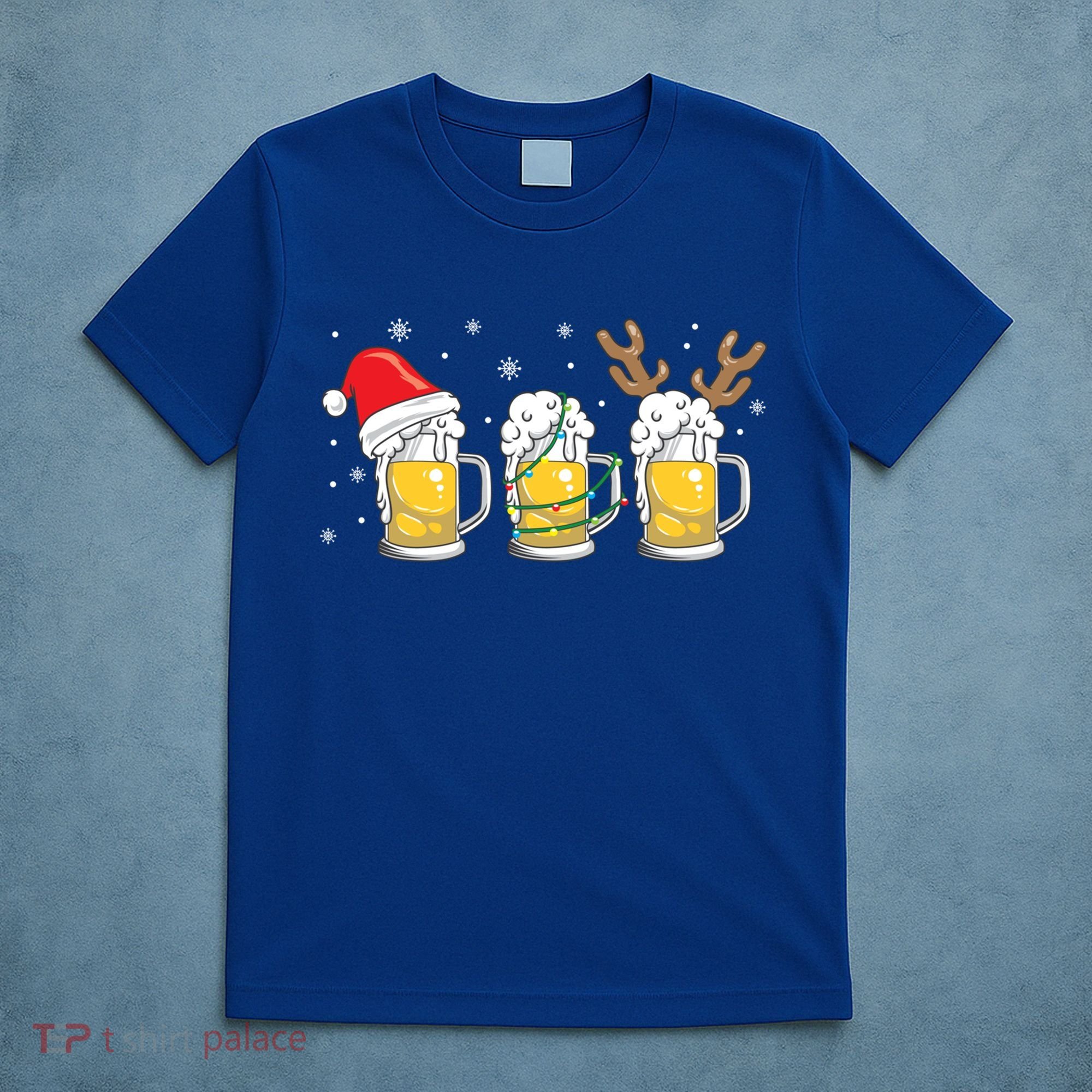 Christmas Beer Mugs Reinbeer Santa Hat Xmas Lights Costume Cool Gift T-Shirt