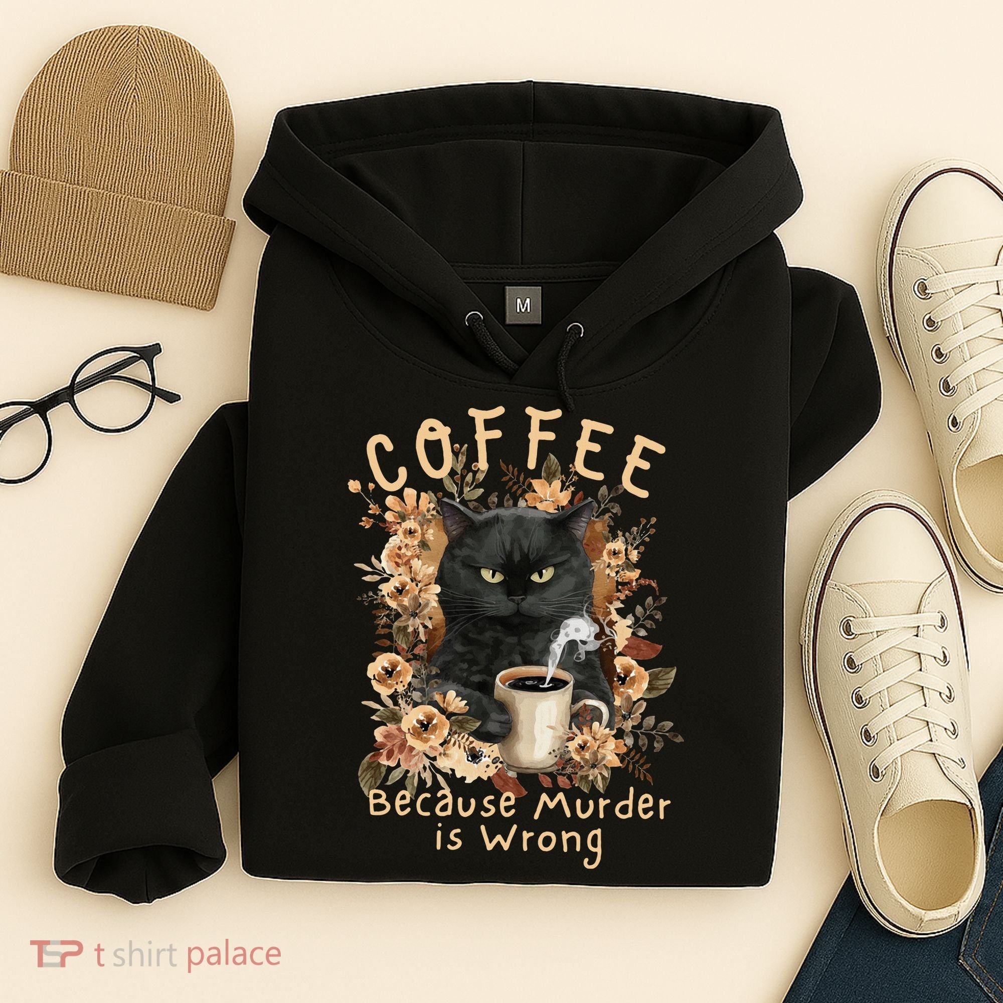 Coffee Because Murder is Wrong Sarcastic Angry Black Cat Hoodie