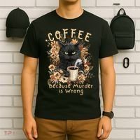 Coffee Because Murder is Wrong Sarcastic Angry Black Cat T-Shirt thumb 6
