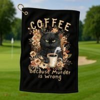Coffee Because Murder is Wrong Sarcastic Angry Black Cat Golf Towel thumb 1