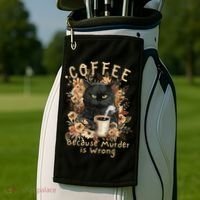Coffee Because Murder is Wrong Sarcastic Angry Black Cat Golf Towel thumb 2