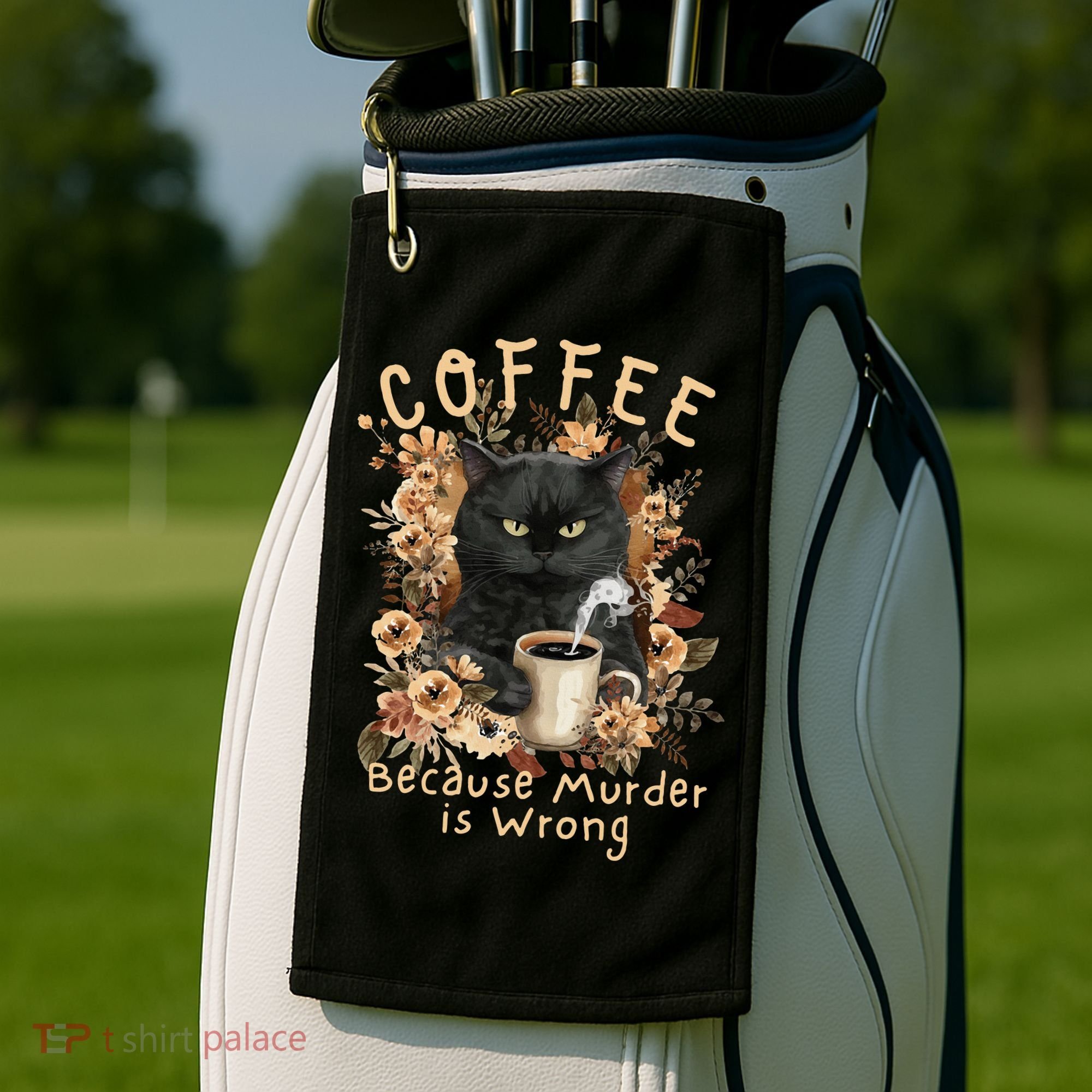 Coffee Because Murder is Wrong Sarcastic Angry Black Cat Golf Towel
