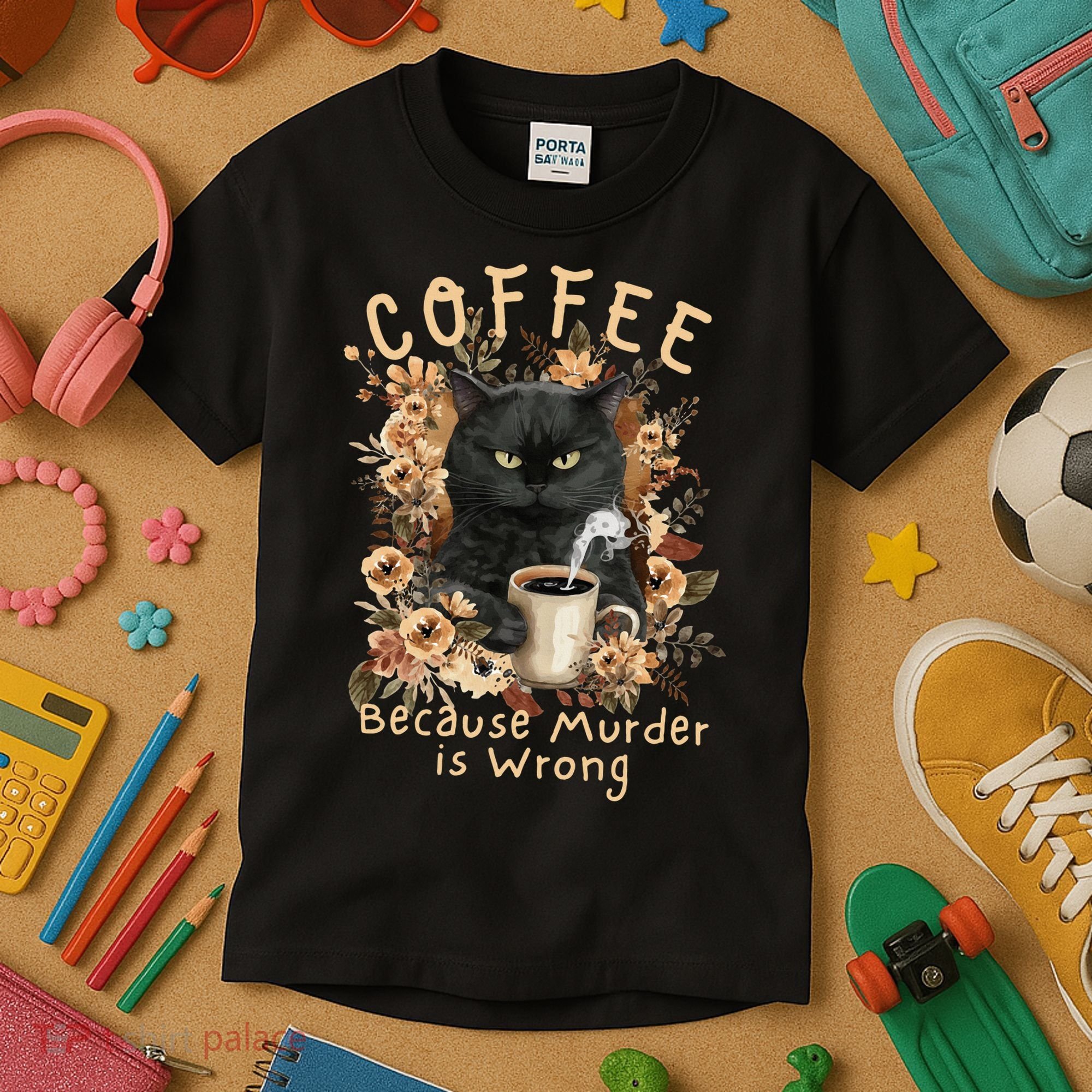 Coffee Because Murder is Wrong Sarcastic Angry Black Cat Kids T-Shirt