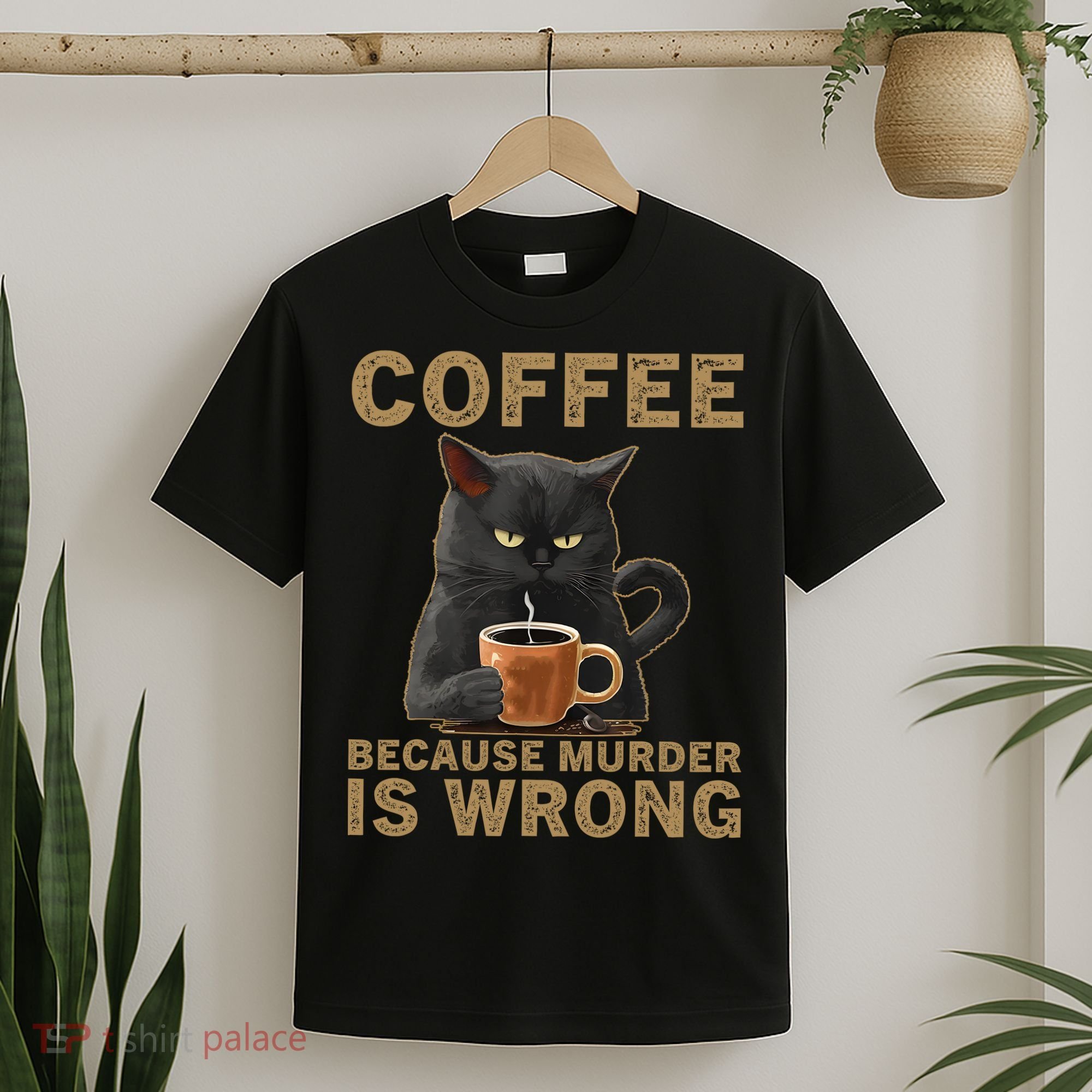 Coffee Because Murder Is Wrong Black Cat Drinking Coffee Mug T-Shirt