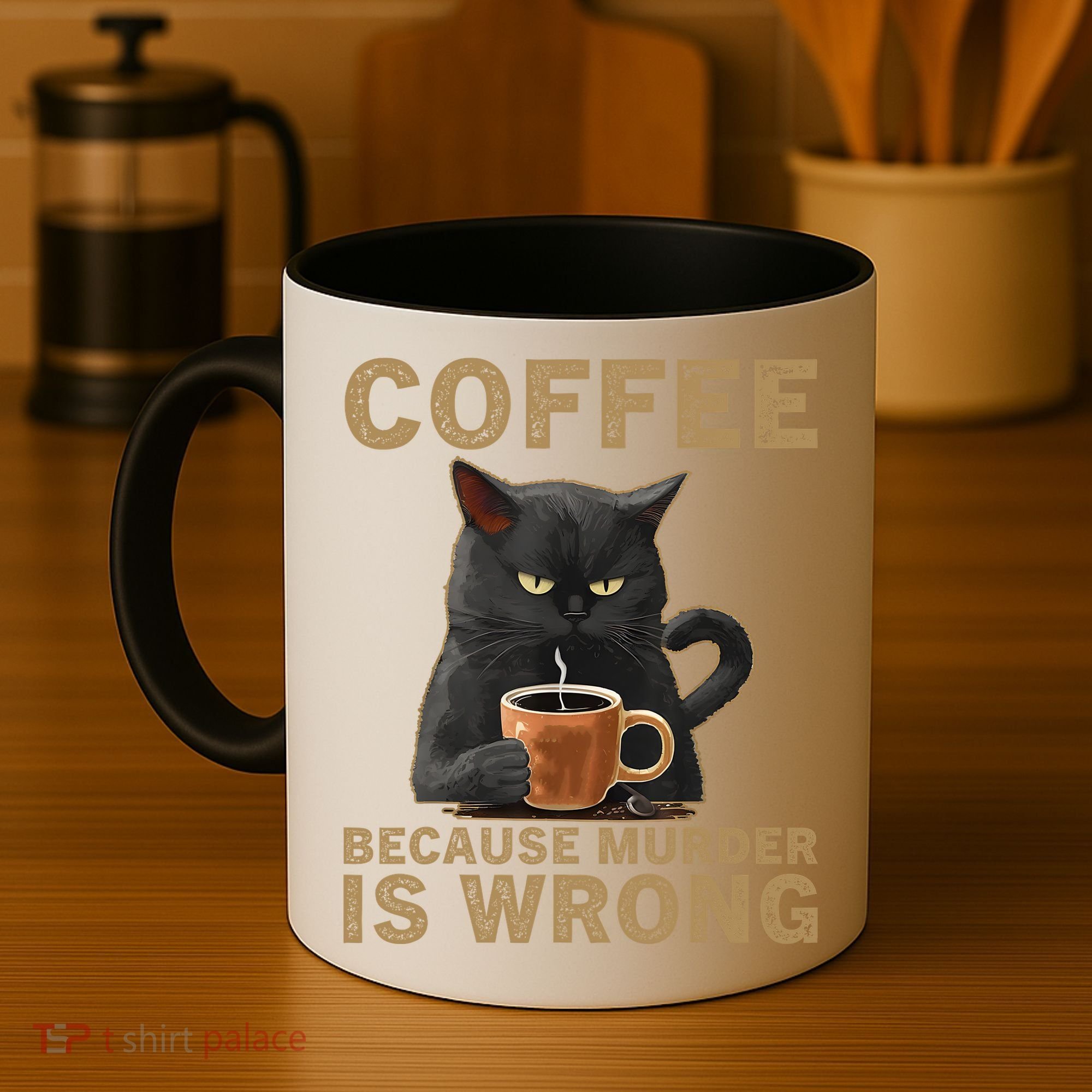 Coffee Because Murder Is Wrong Black Cat Drinking Coffee Mug Coffee Mug