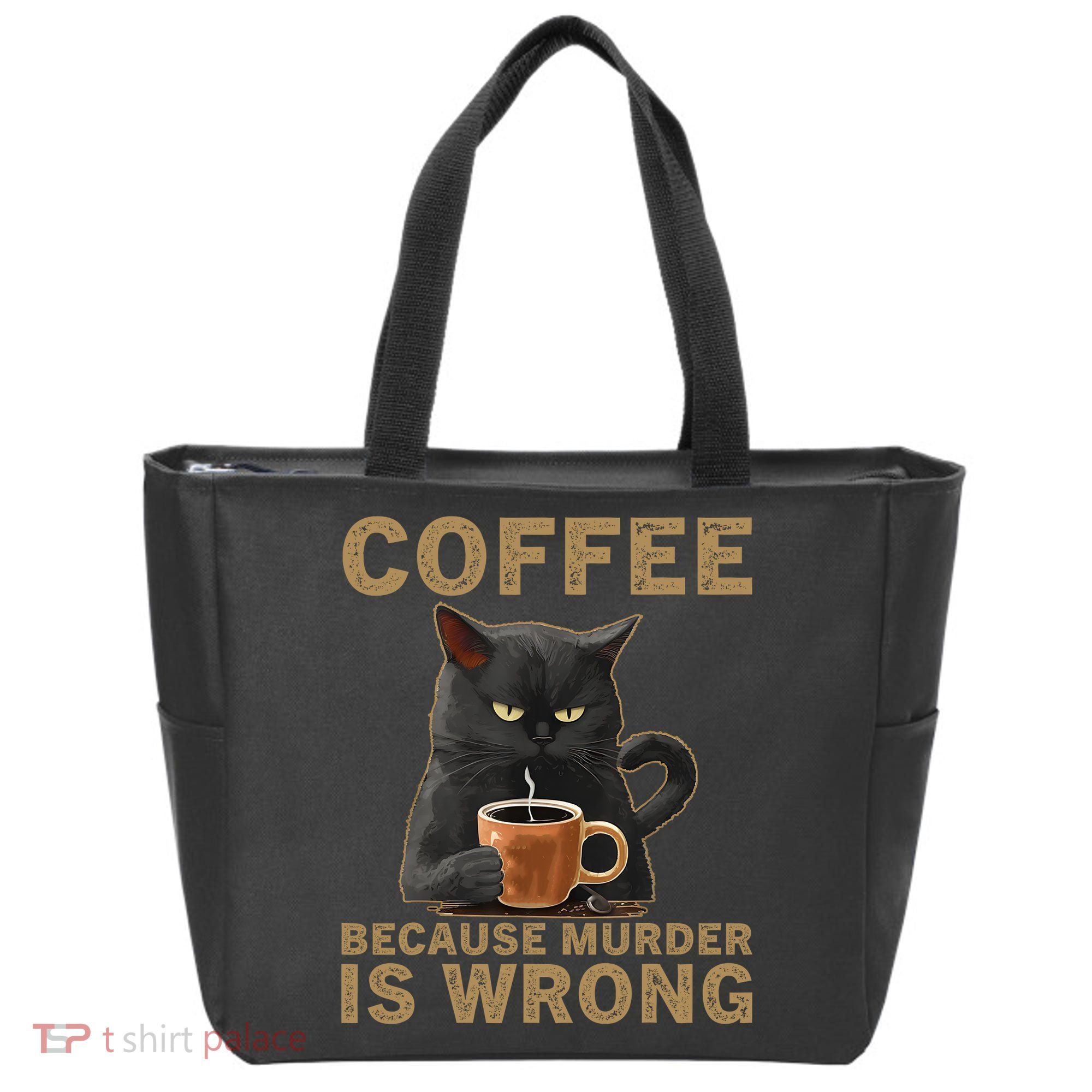 Coffee Because Murder Is Wrong Black Cat Drinking Coffee Mug Tote Bag