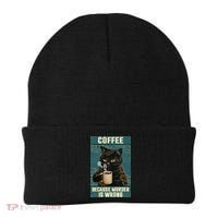 Coffee Because Murder Is Wrong Cool Funny Black Cat Beanie thumb 0