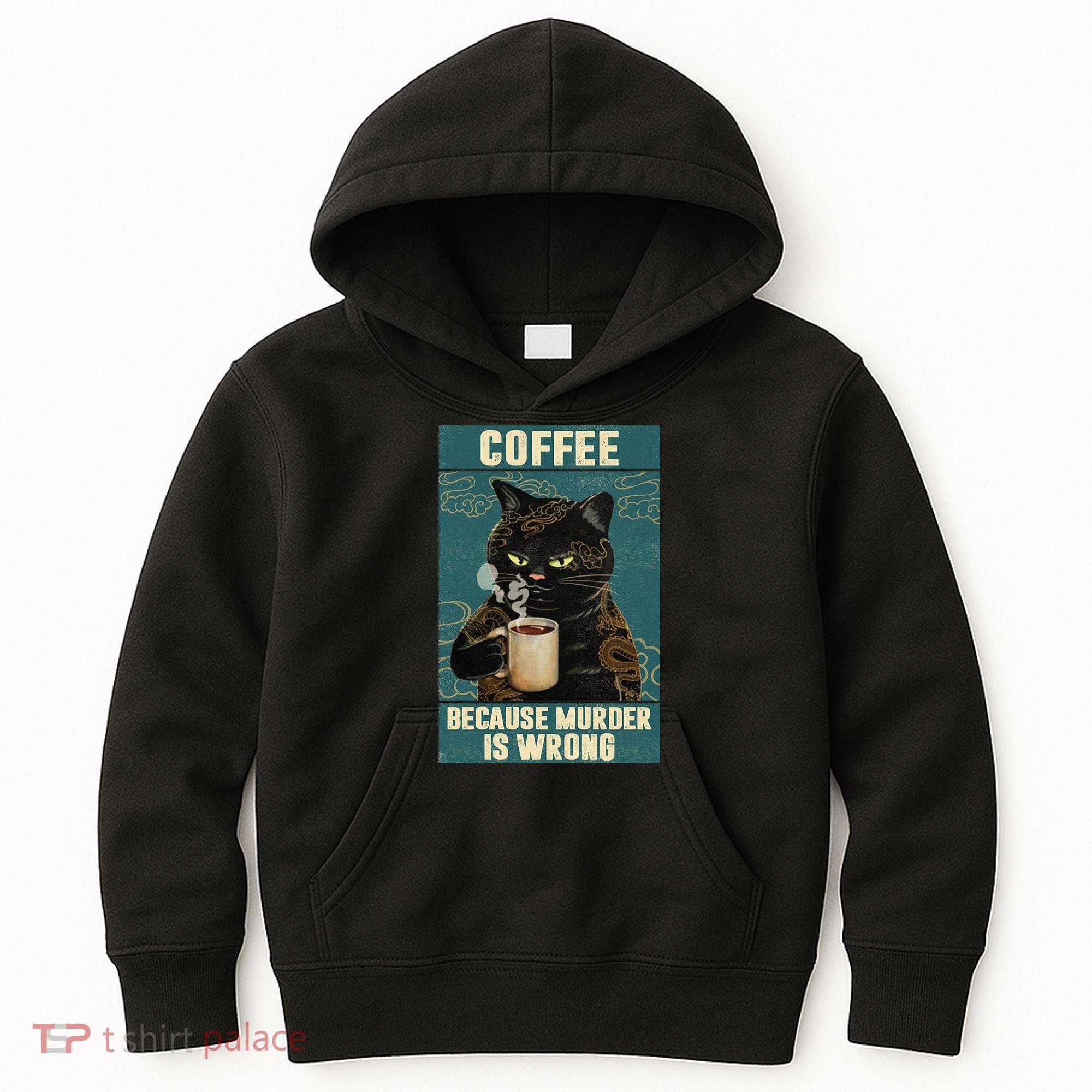 Coffee Because Murder Is Wrong Cool Funny Black Cat Kids Hoodie