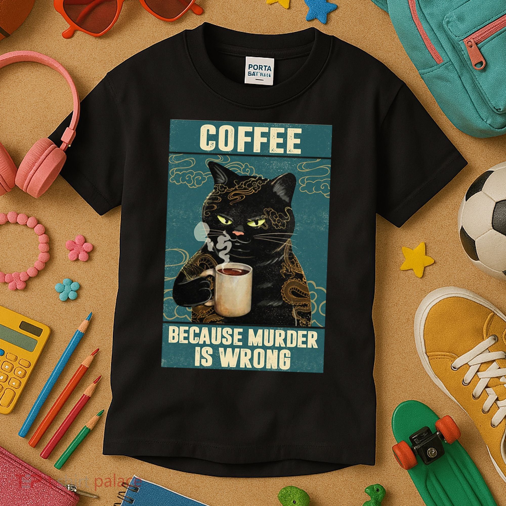 Coffee Because Murder Is Wrong Cool Funny Black Cat Kids T-Shirt