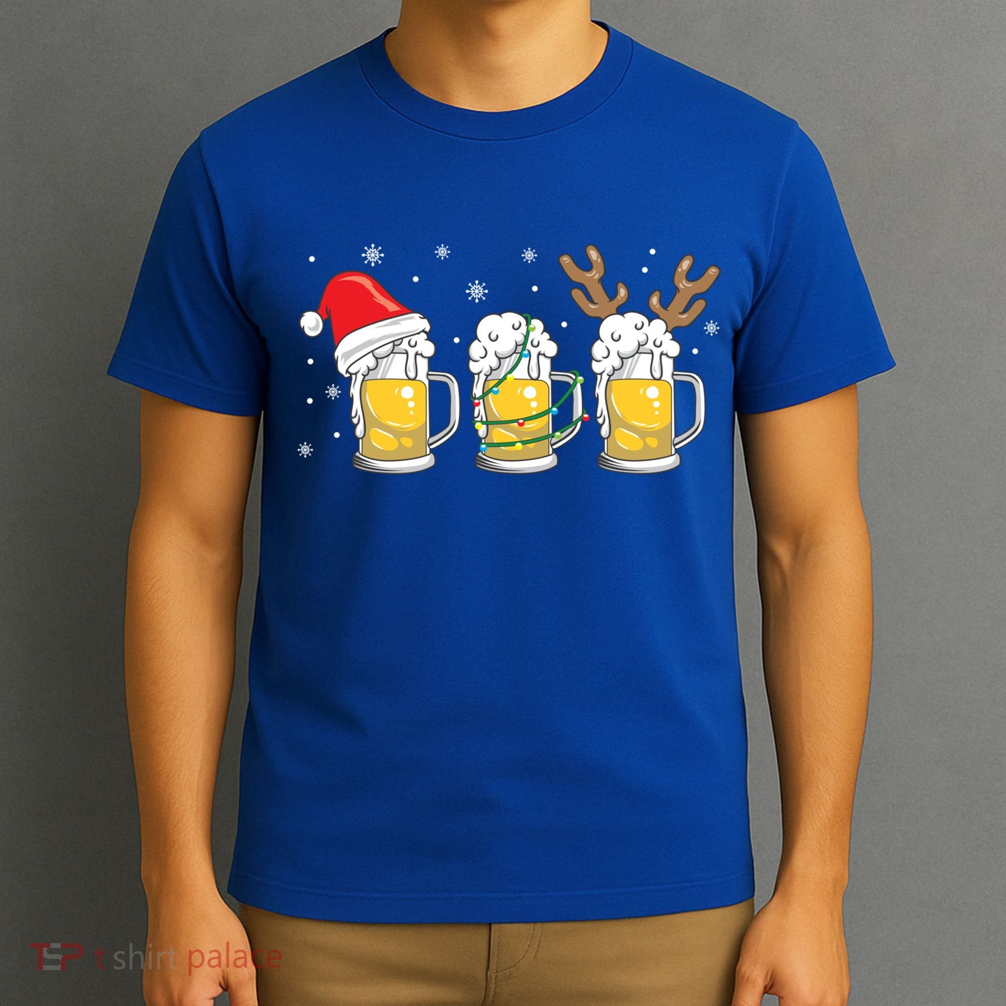 Christmas Beer Mugs Reinbeer Santa Hat Xmas Lights Costume Gift T-Shirt