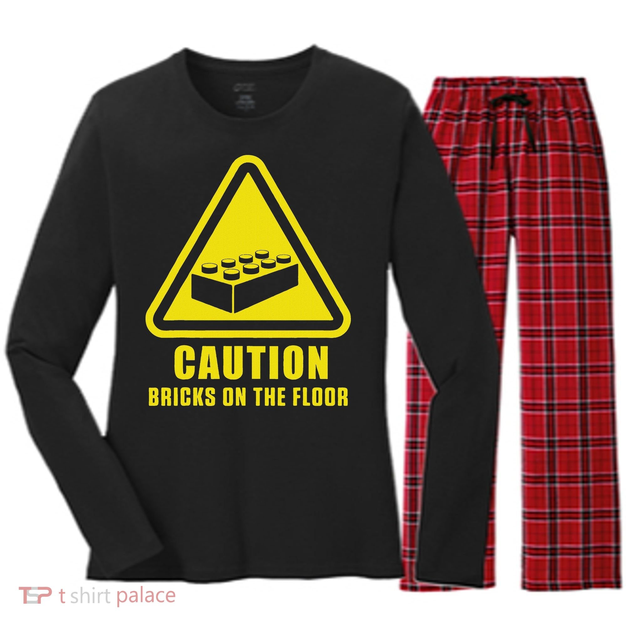 Caution Bricks On Floor Building Blocks Master Builder Women's Long Sleeve Flannel Pajama Set 