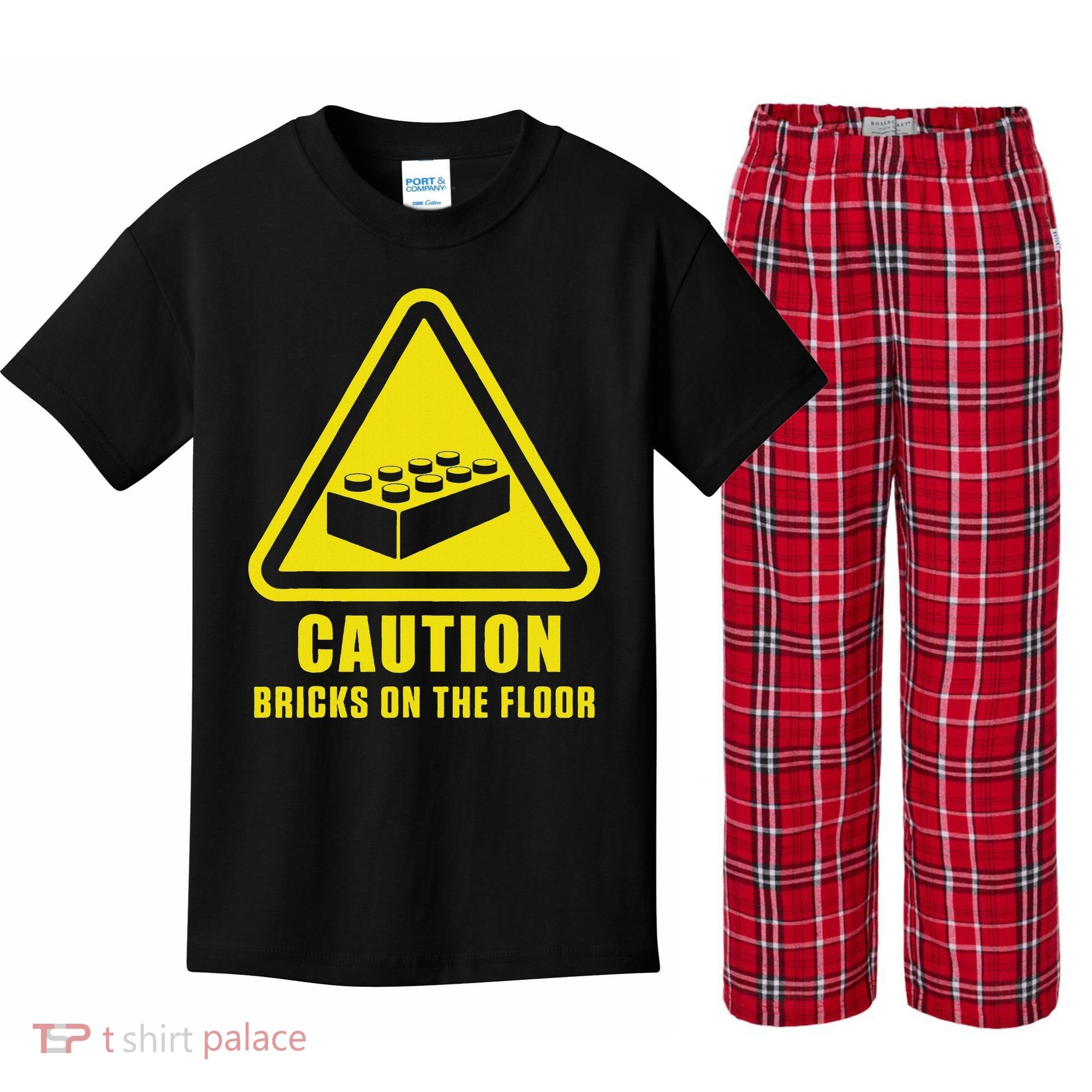 Caution Bricks On Floor Building Blocks Master Builder Kids Plaid Pajama Set