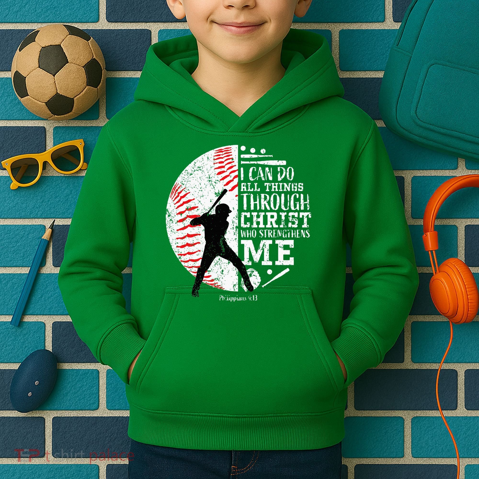 Cool Baseball Player Christian Bible Verse Kids Hoodie