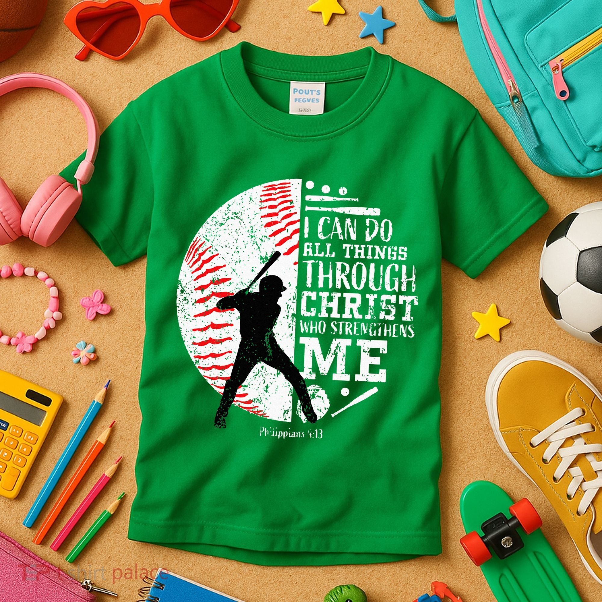 Cool Baseball Player Christian Bible Verse Kids T-Shirt