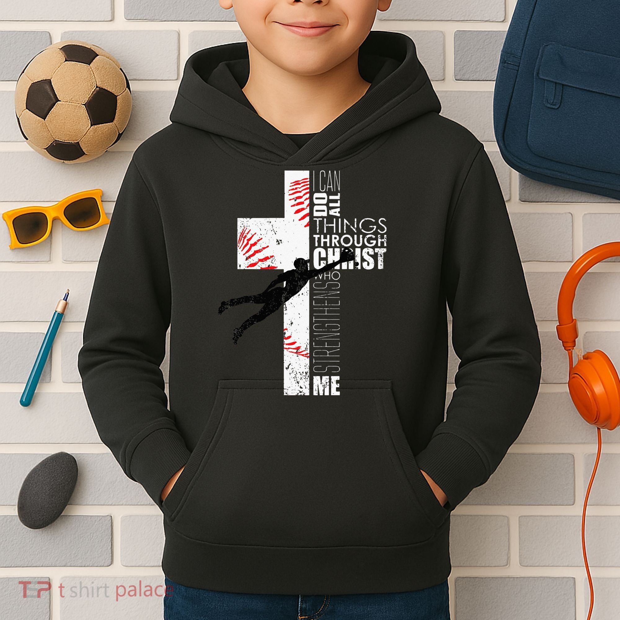 Christian Baseball Religious Cross  Kids Hoodie