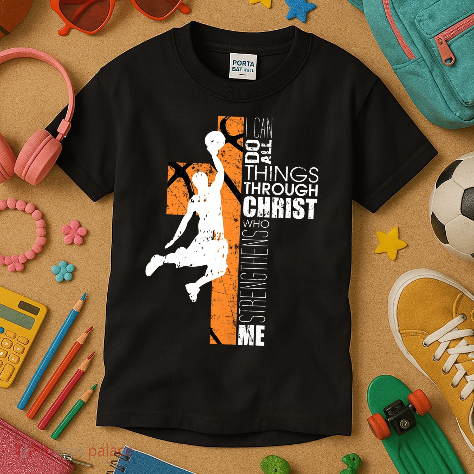 Christian Basketball Religious Bible Verse Philippians 4:13 Kids T-Shirt