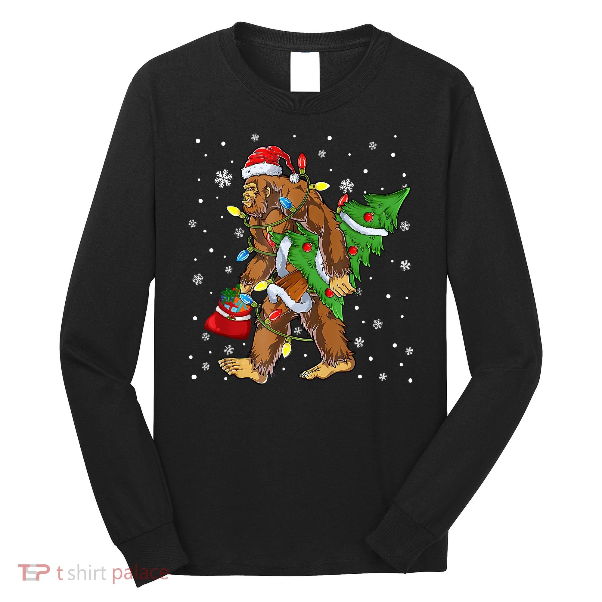 Christmas Bigfoot Santa Hat Tree Lights Xmas Sasquatch Funn Long Sleeve Shirt