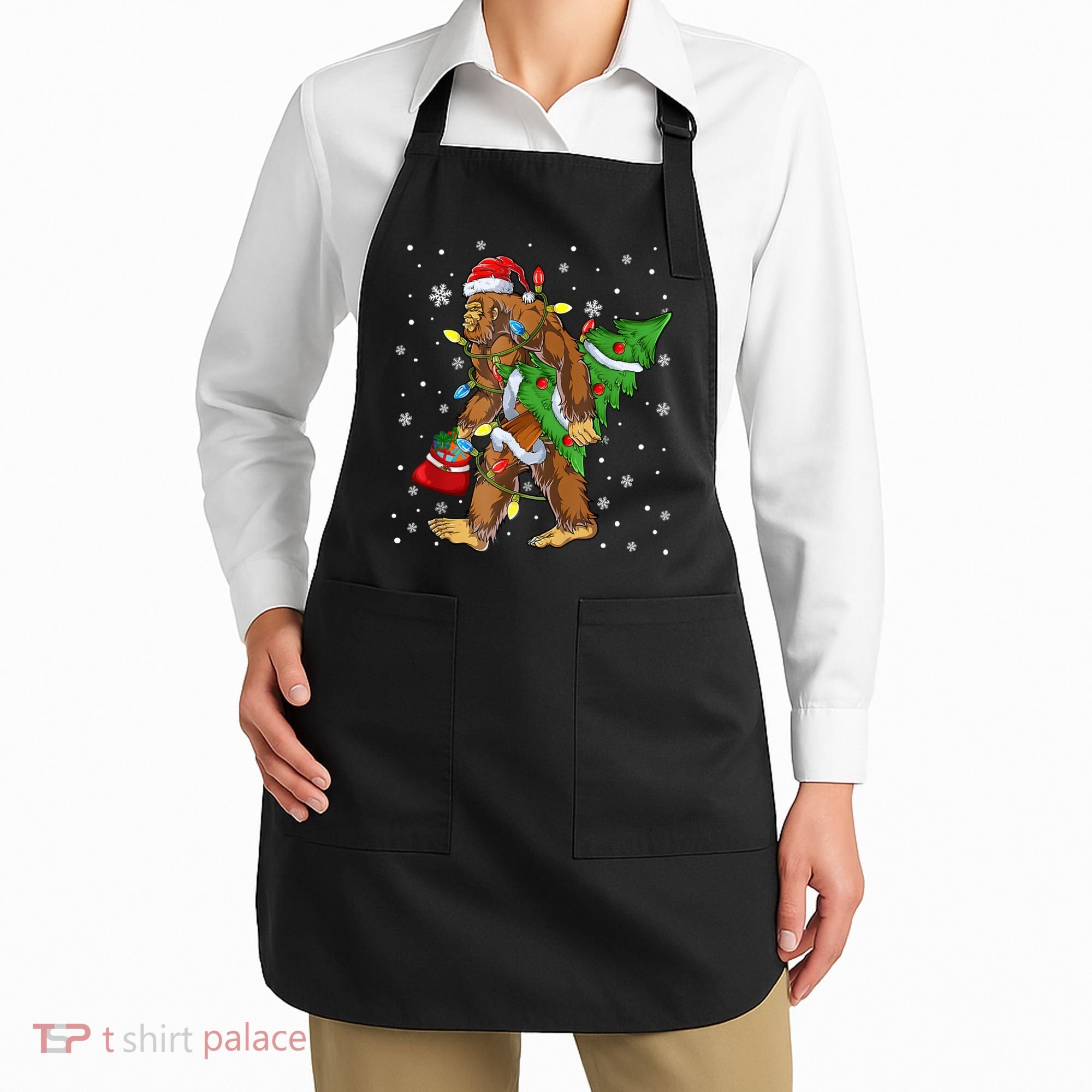 Christmas Bigfoot Santa Hat Tree Lights Xmas Sasquatch Funn Apron