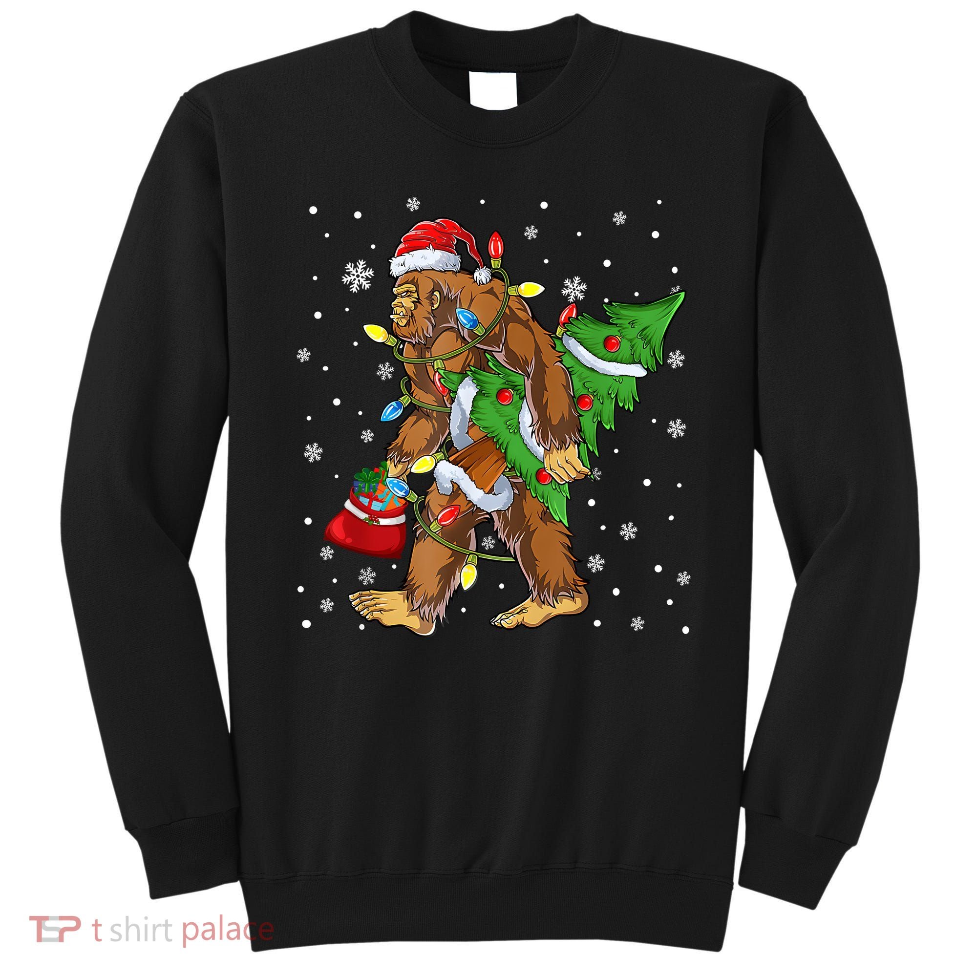 Christmas Bigfoot Santa Hat Tree Lights Xmas Sasquatch Funn Sweatshirt