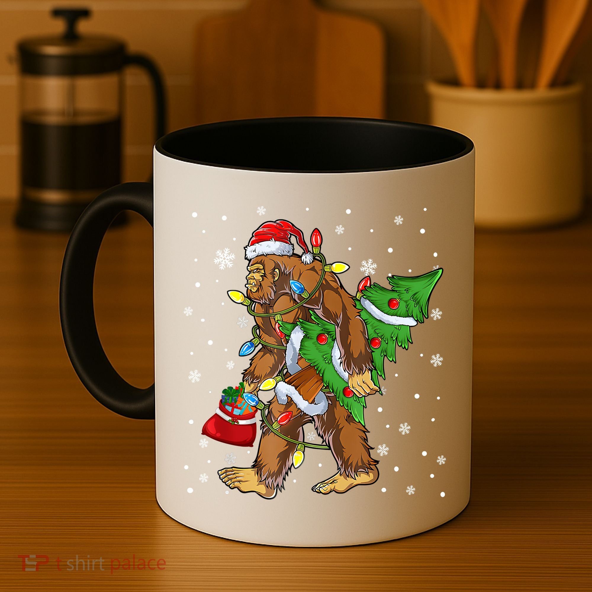 Christmas Bigfoot Santa Hat Tree Lights Xmas Sasquatch Funn Coffee Mug