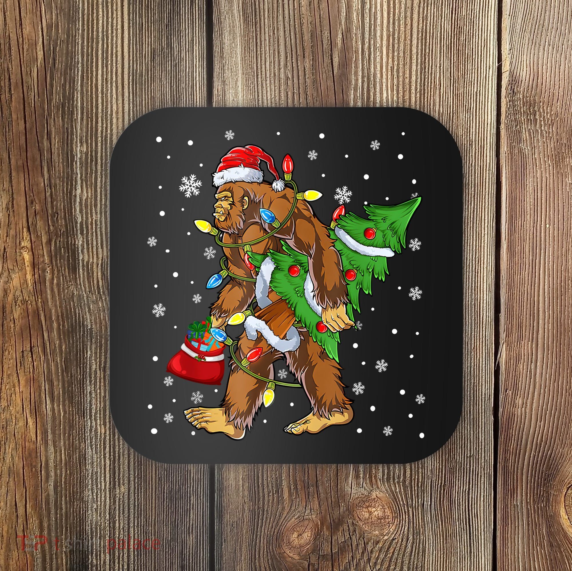 Christmas Bigfoot Santa Hat Tree Lights Xmas Sasquatch Funn Coaster