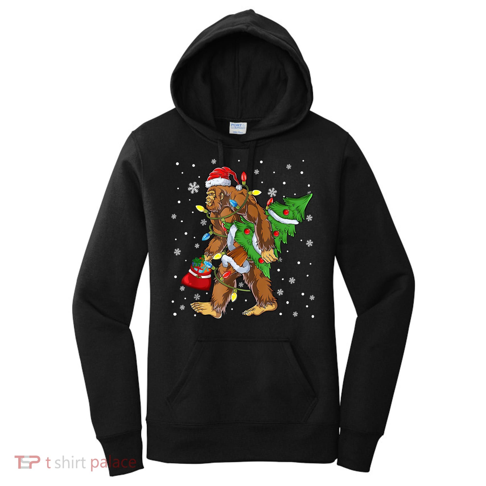 Christmas Bigfoot Santa Hat Tree Lights Xmas Sasquatch Funn Women's Hoodie