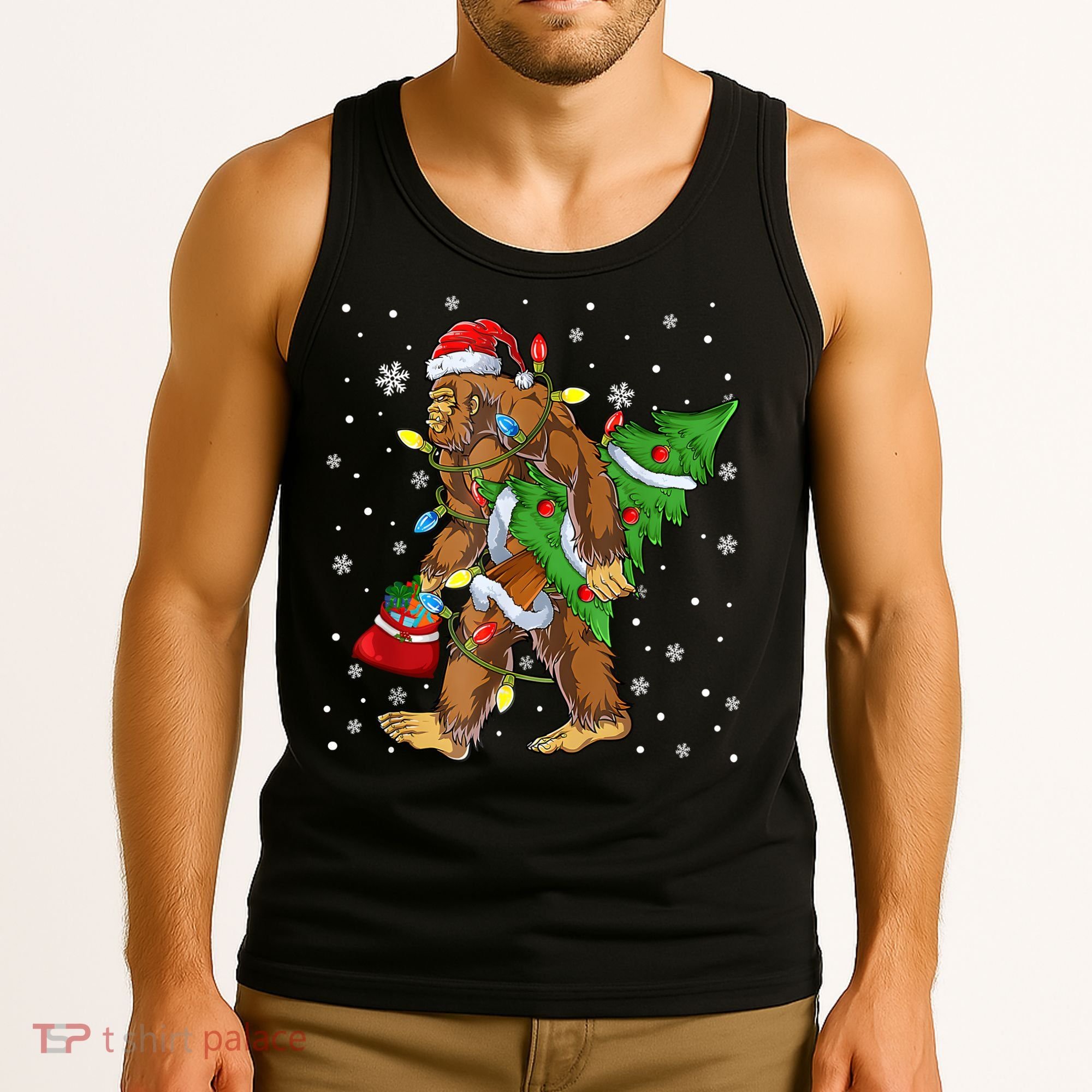 Christmas Bigfoot Santa Hat Tree Lights Xmas Sasquatch Funn Tank Top