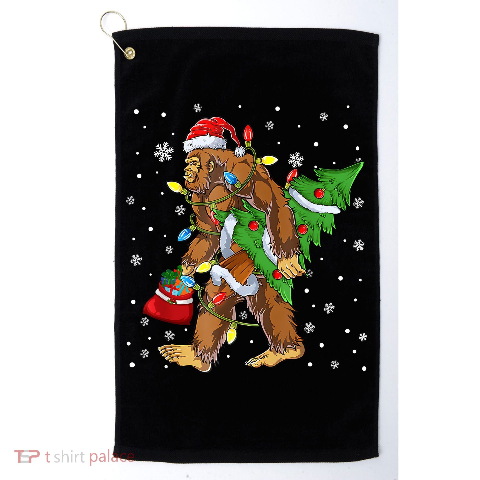 Christmas Bigfoot Santa Hat Tree Lights Xmas Sasquatch Funn Golf Towel