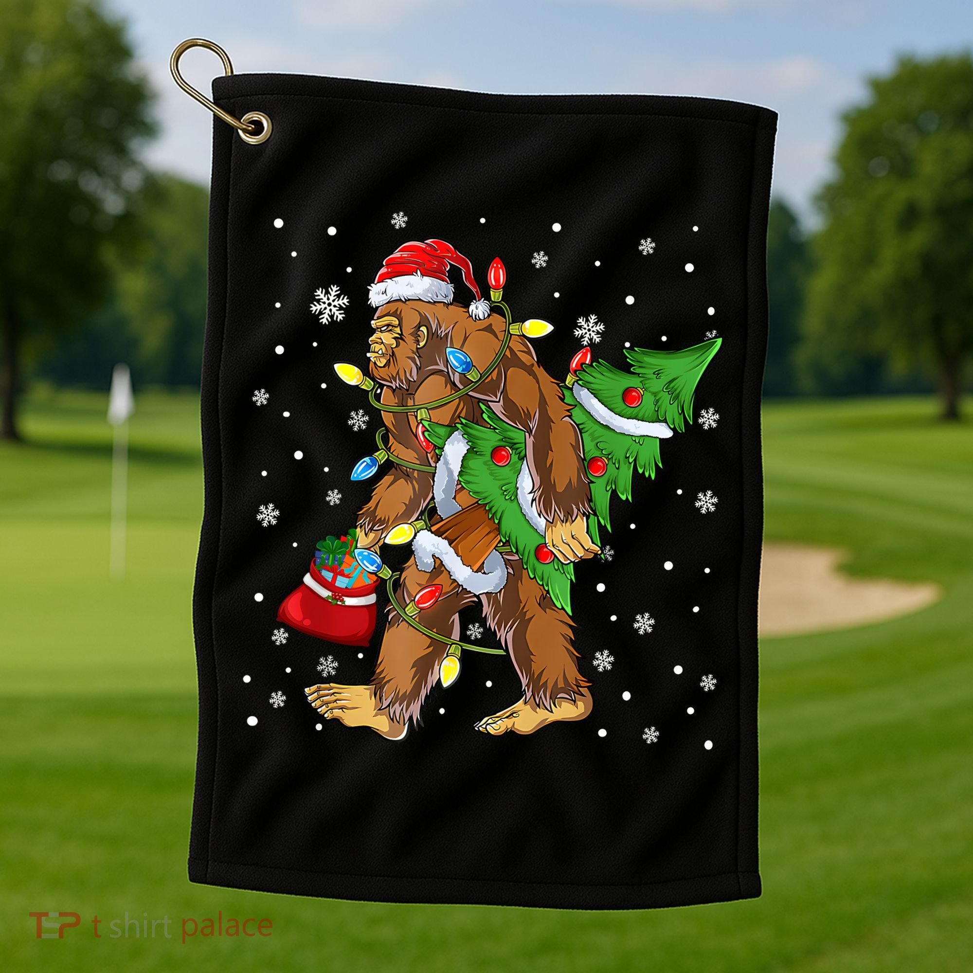 Christmas Bigfoot Santa Hat Tree Lights Xmas Sasquatch Funn Golf Towel