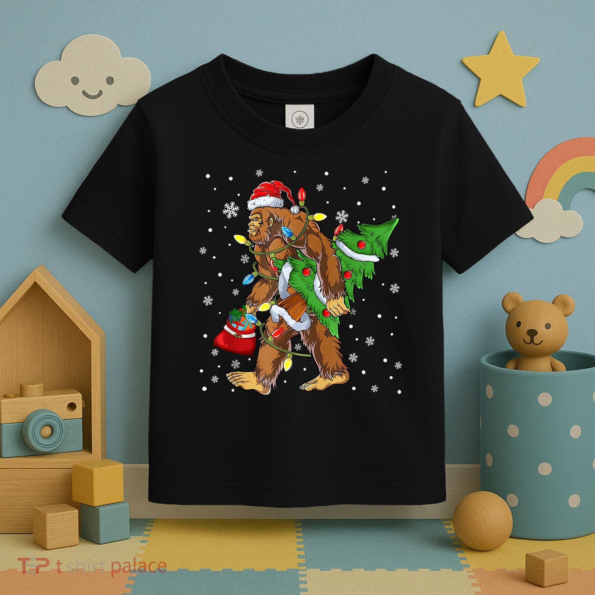 Christmas Bigfoot Santa Hat Tree Lights Xmas Sasquatch Funn Toddler T-Shirt