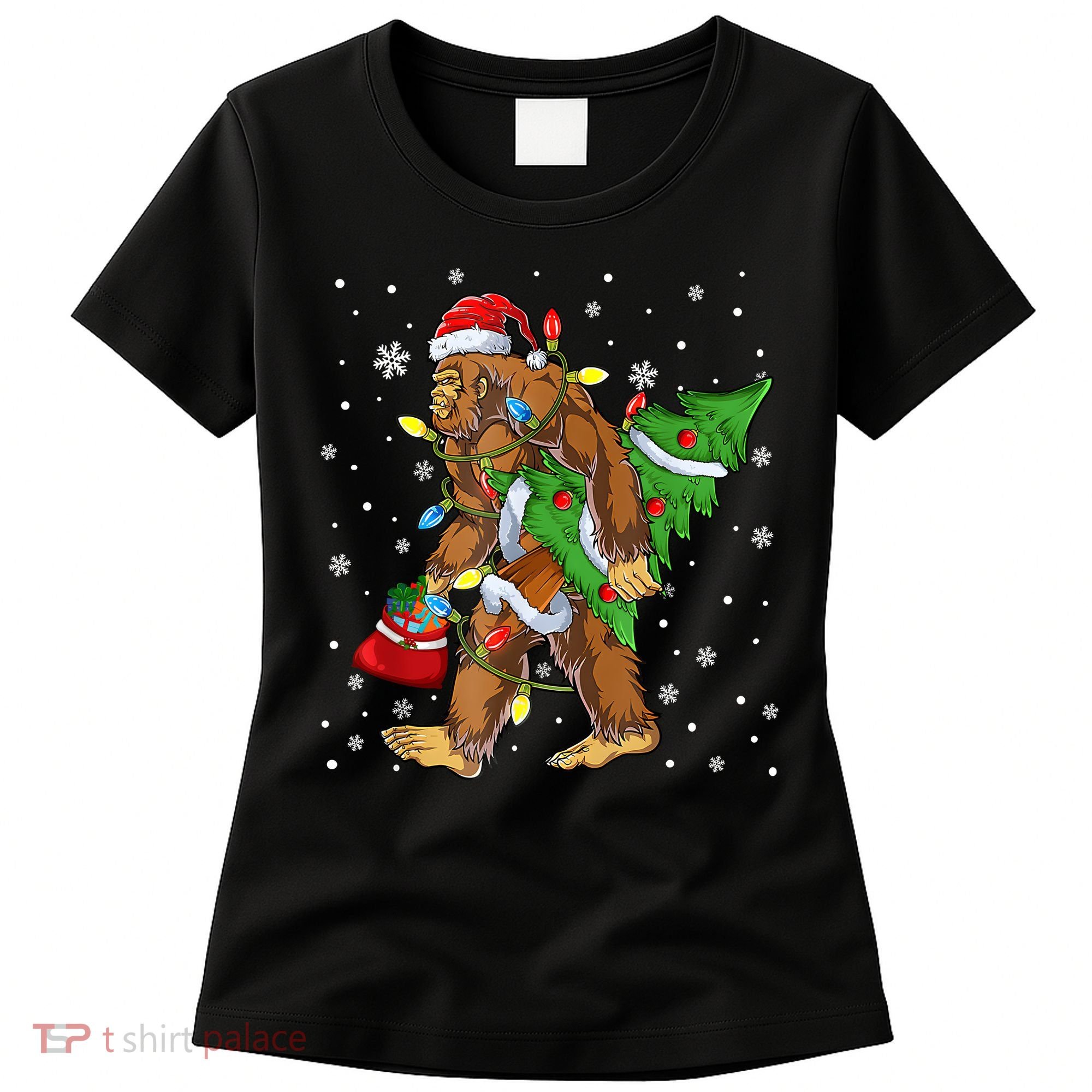 Christmas Bigfoot Santa Hat Tree Lights Xmas Sasquatch Funn Women's T-Shirt