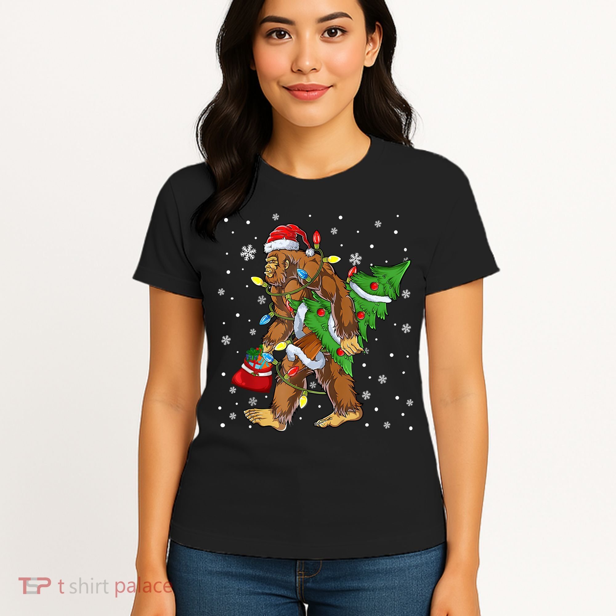 Christmas Bigfoot Santa Hat Tree Lights Xmas Sasquatch Funn Women's T-Shirt