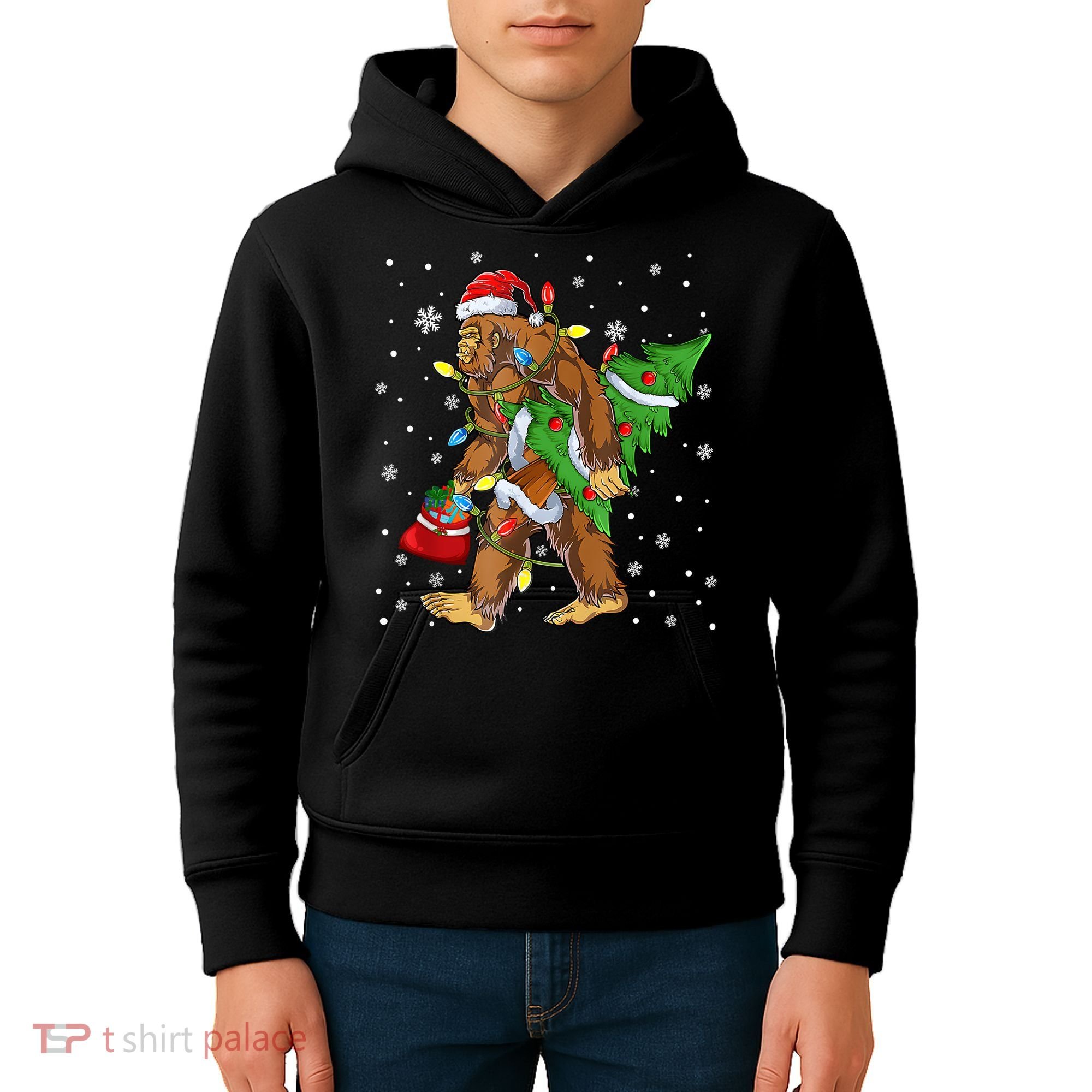Christmas Bigfoot Santa Hat Tree Lights Xmas Sasquatch Funn Kids Hoodie