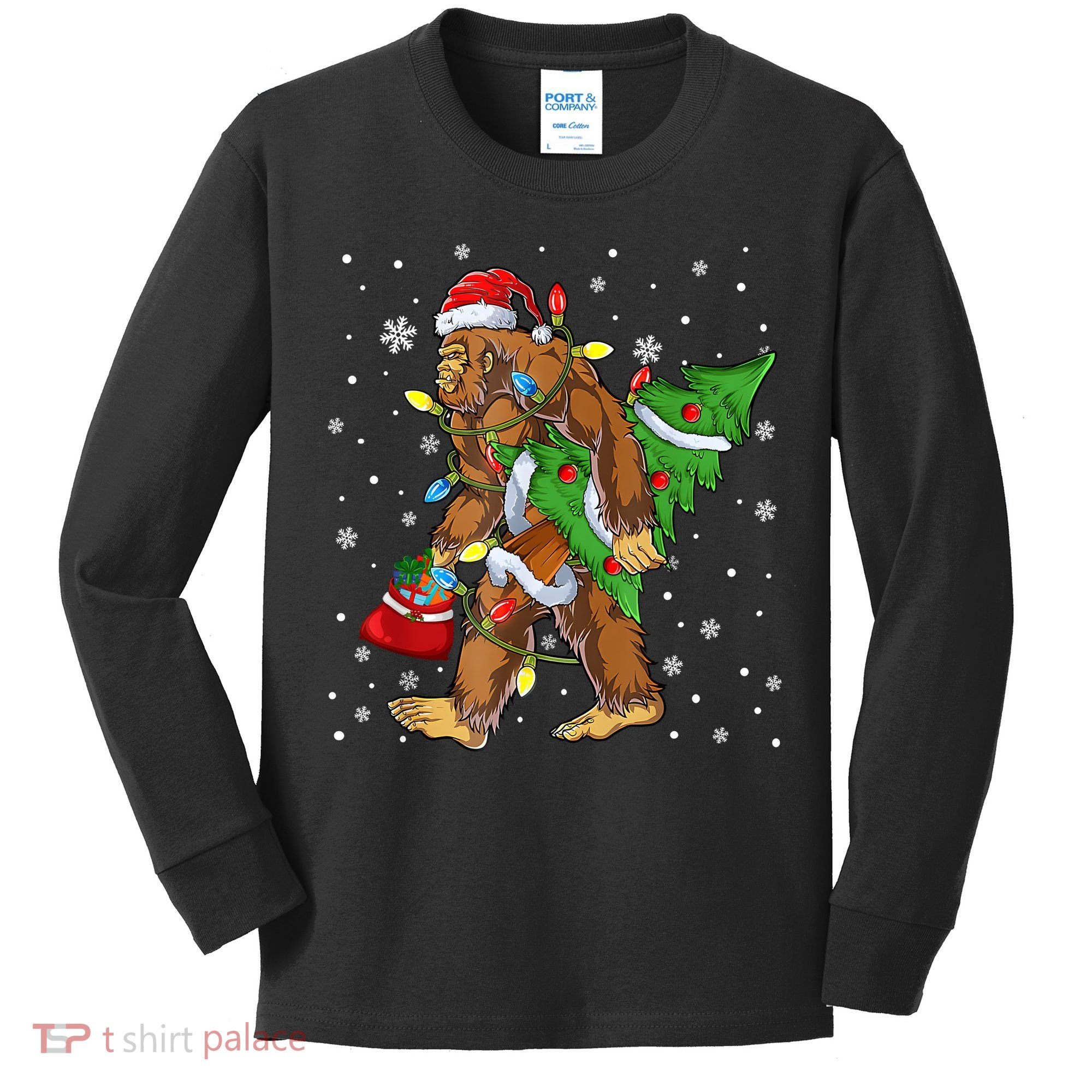 Christmas Bigfoot Santa Hat Tree Lights Xmas Sasquatch Funn Kids Long Sleeve Shirt