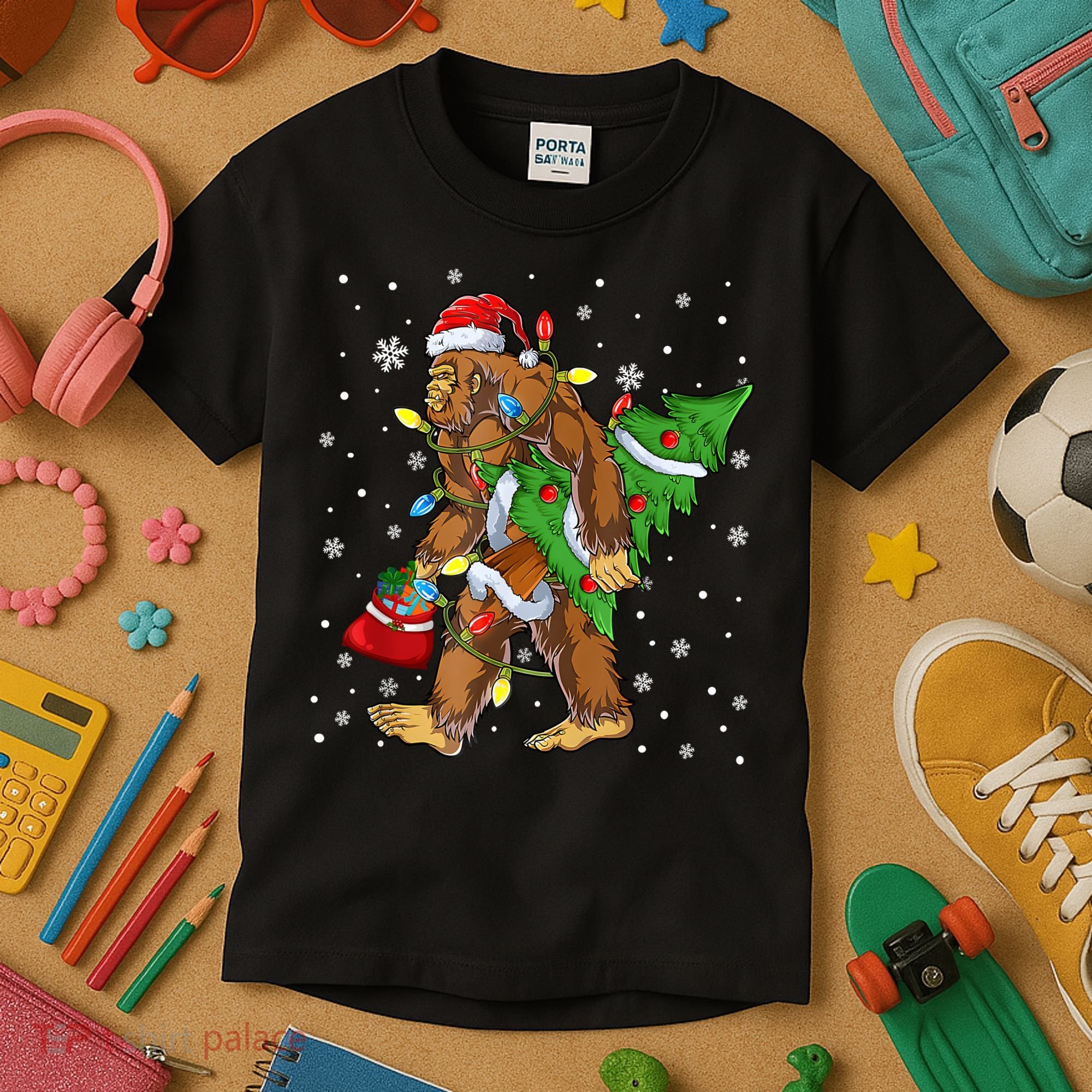 Christmas Bigfoot Santa Hat Tree Lights Xmas Sasquatch Funn Kids T-Shirt