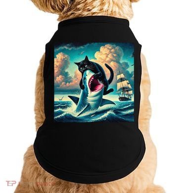 Cat Biting Shark Funny Art And Cat Lover Funny Doggie Tank