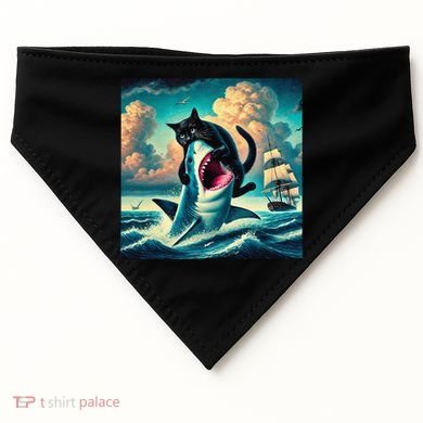 Cat Biting Shark Funny Art And Cat Lover Funny USA-Made Doggie Bandana