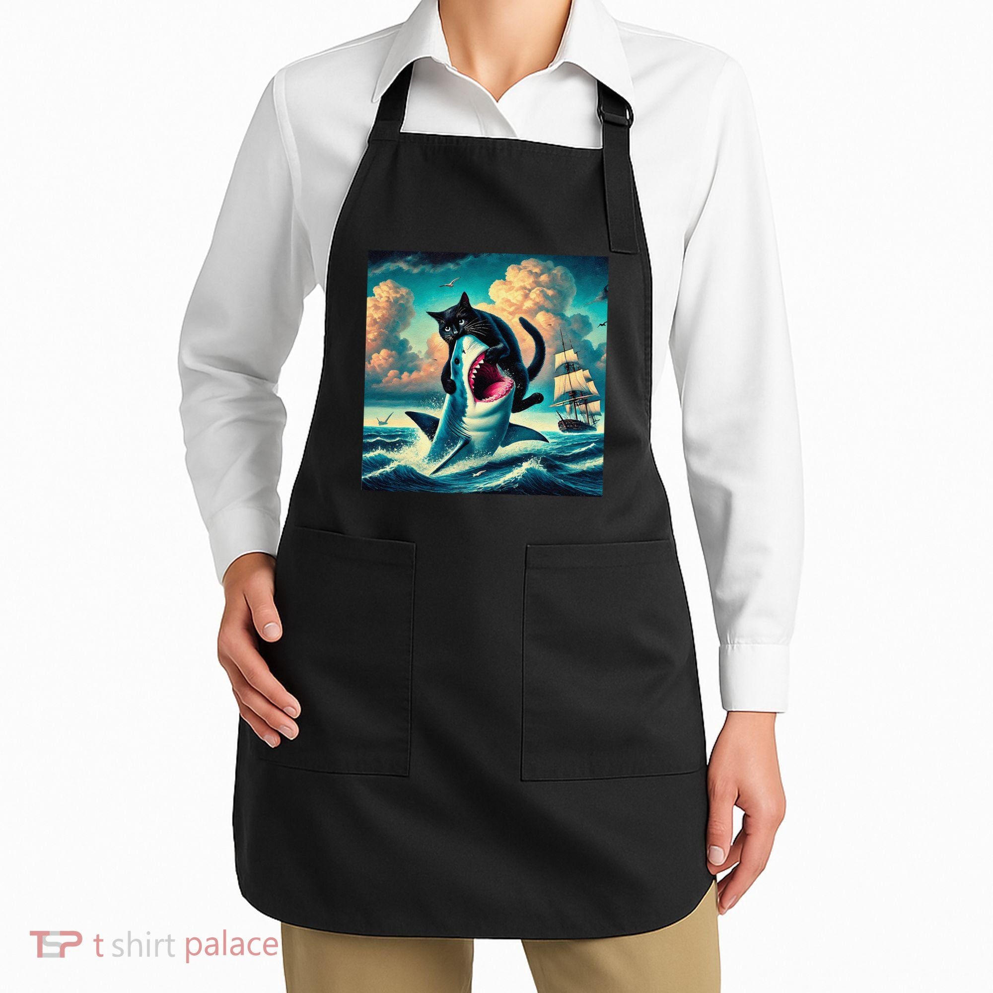 Cat Biting Shark Funny Art And Cat Lover Funny Apron