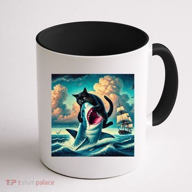 Cat Biting Shark Funny Art And Cat Lover Funny Coffee Mug back