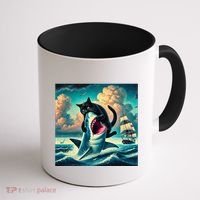 Cat Biting Shark Funny Art And Cat Lover Funny Coffee Mug thumb 1