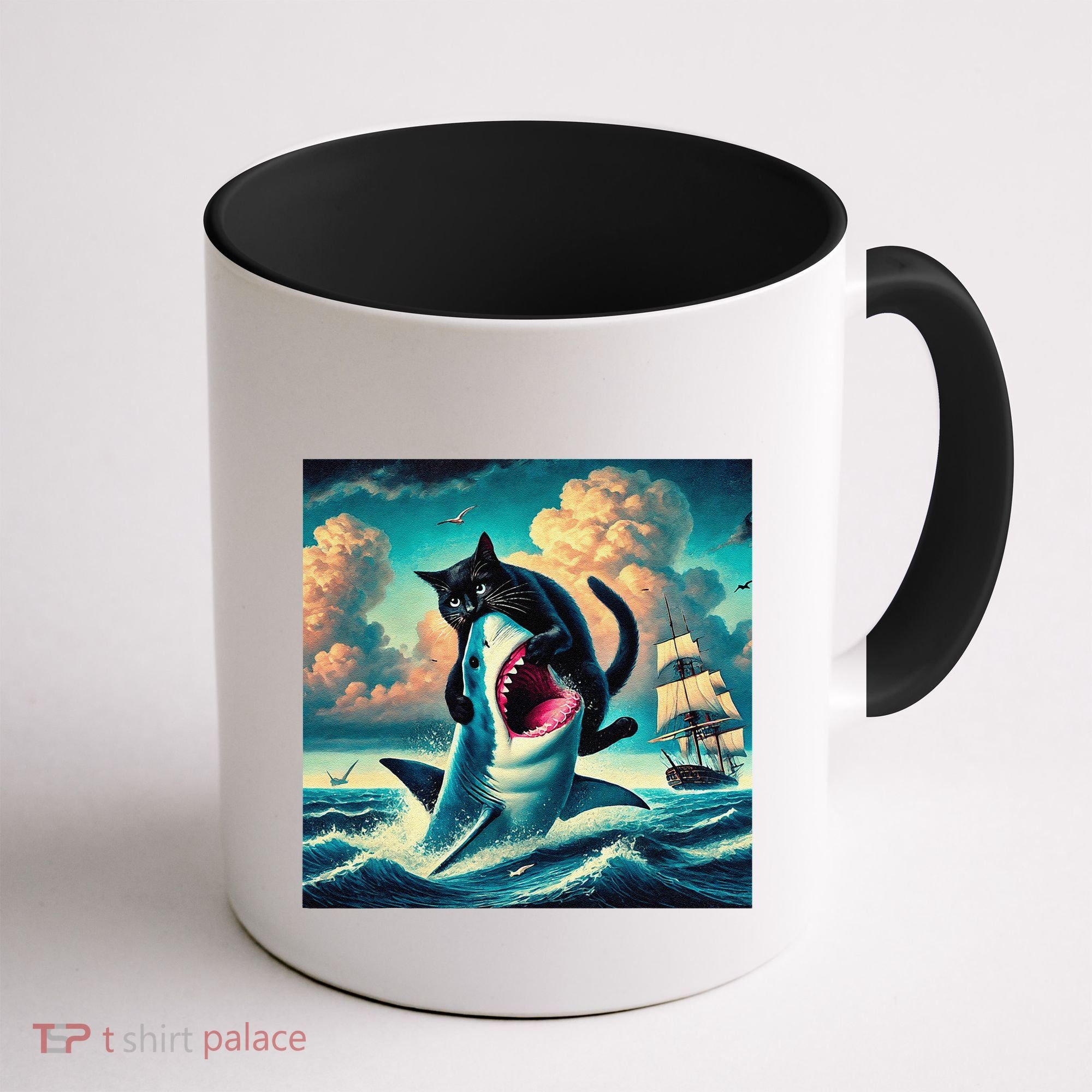 Cat Biting Shark Funny Art And Cat Lover Funny Coffee Mug