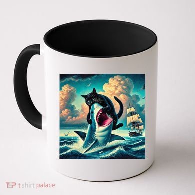 Cat Biting Shark Funny Art And Cat Lover Funny Coffee Mug
