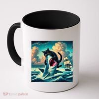 Cat Biting Shark Funny Art And Cat Lover Funny Coffee Mug thumb 0