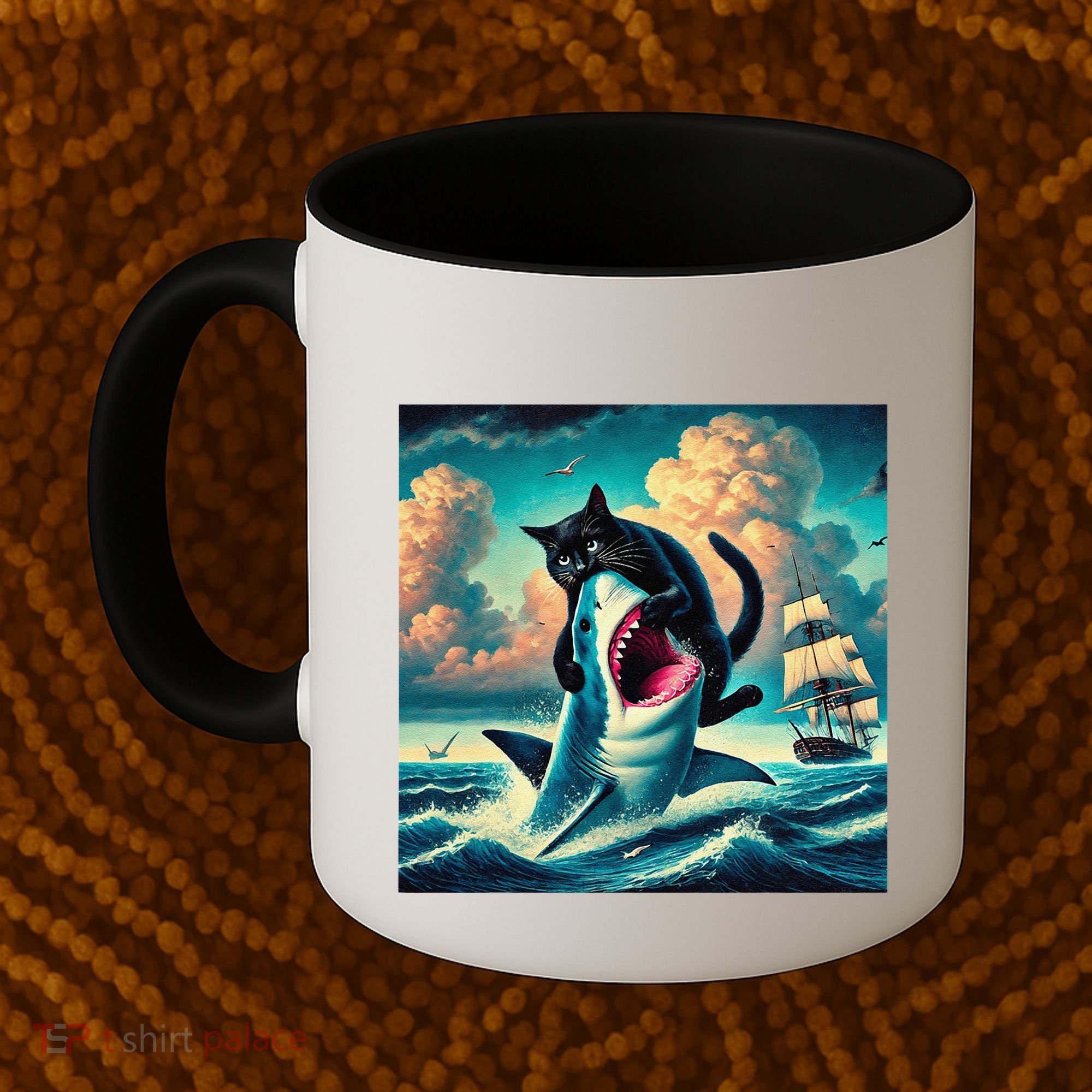 Cat Biting Shark Funny Art And Cat Lover Funny Coffee Mug