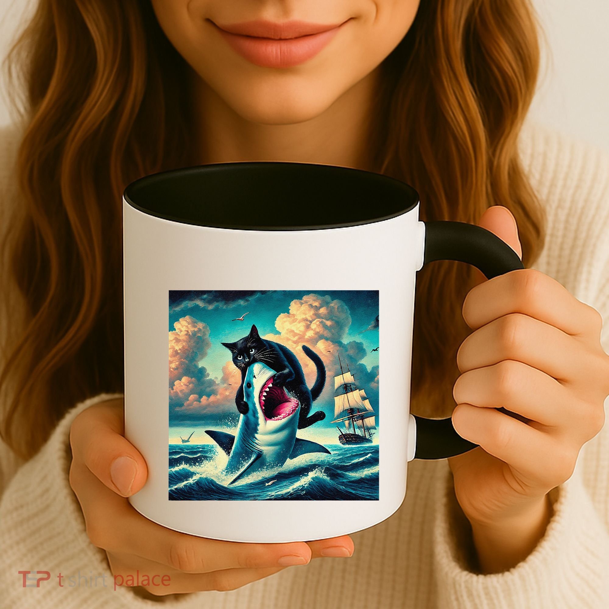 Cat Biting Shark Funny Art And Cat Lover Funny Coffee Mug