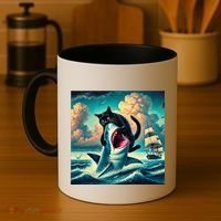 Cat Biting Shark Funny Art And Cat Lover Funny Coffee Mug thumb 4