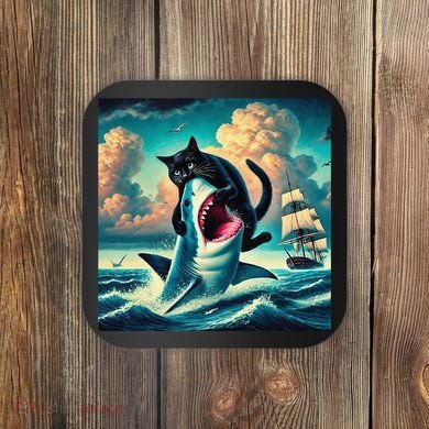 Cat Biting Shark Funny Art And Cat Lover Funny Coaster