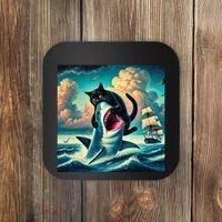 Cat Biting Shark Funny Art And Cat Lover Funny Coaster thumb 0