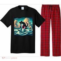 Cat Biting Shark Funny Art And Cat Lover Funny Pajama Set thumb 0